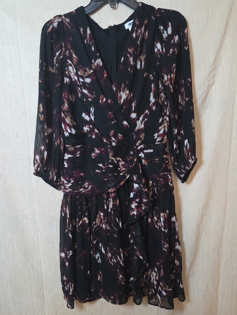 DKNY Black Floral Print Long Sleeve Wrap Dress